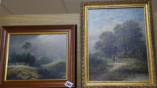 19th century English School, Landscape with figure, oil on board and another landscape signed W. Lewis, 1889